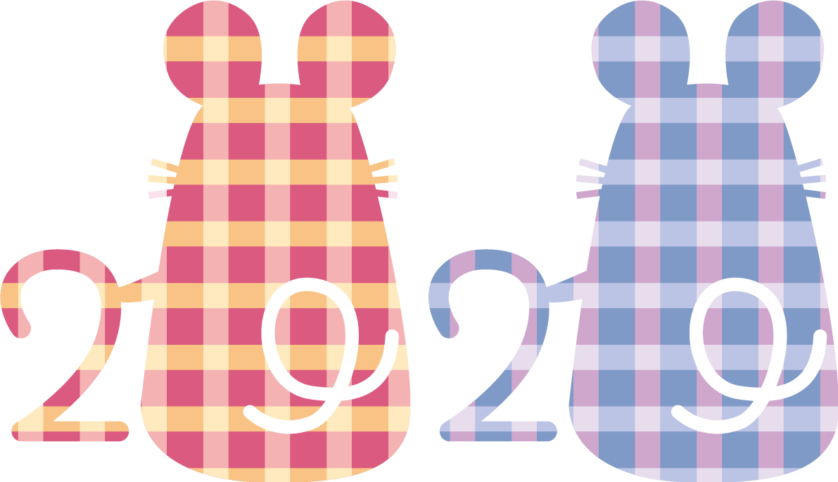 2匹のチェック柄で後ろ姿のねずみ(ネズミ 鼠) が2を持ちしっぽで0を作り2020を表現 子年イラスト無料 フリー86043に写真・文字を入れる