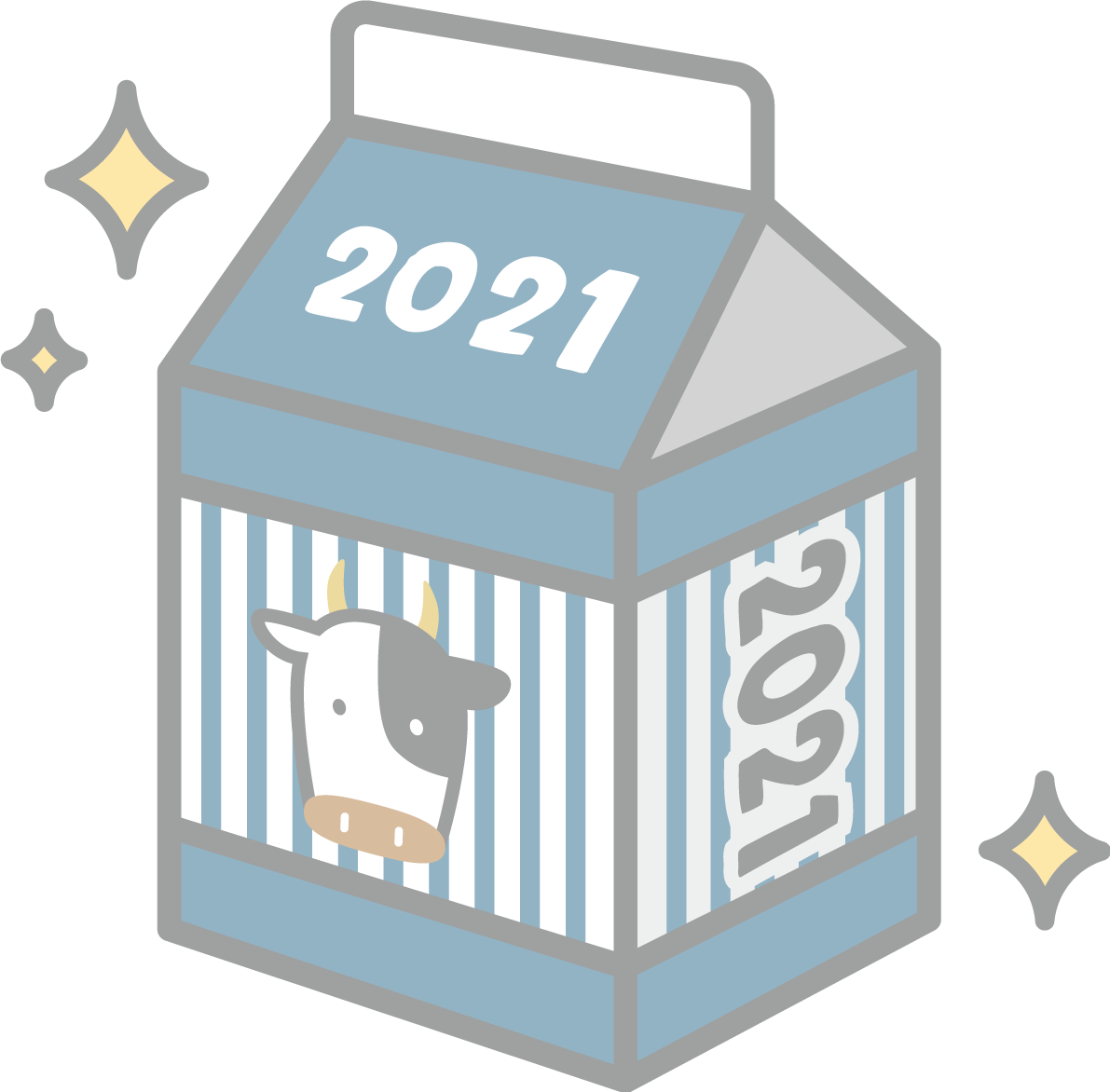2021と牛（正面の顔）の顔が描かれた牛乳パック かわいい丑年イラスト無料 フリー86046に写真・文字を入れる