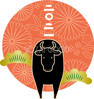 花柄の円と牛と松 2021 かわいい丑年イラスト無料 フリー86054