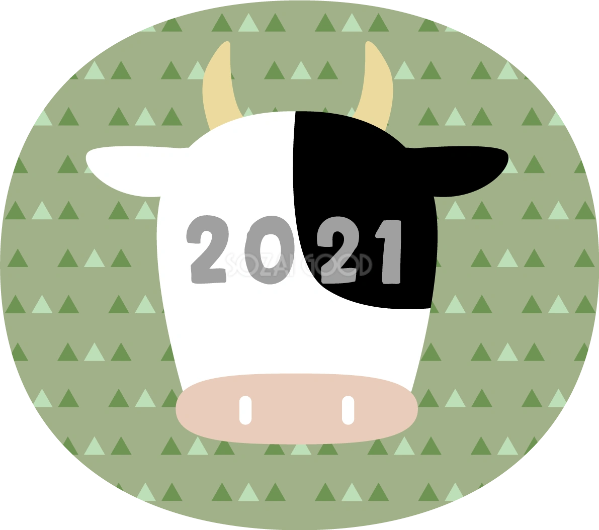 三角の模様の楕円の中に顔に2021が書かれた牛(正面)の顔 かわいい丑年イラスト無料 フリー86059