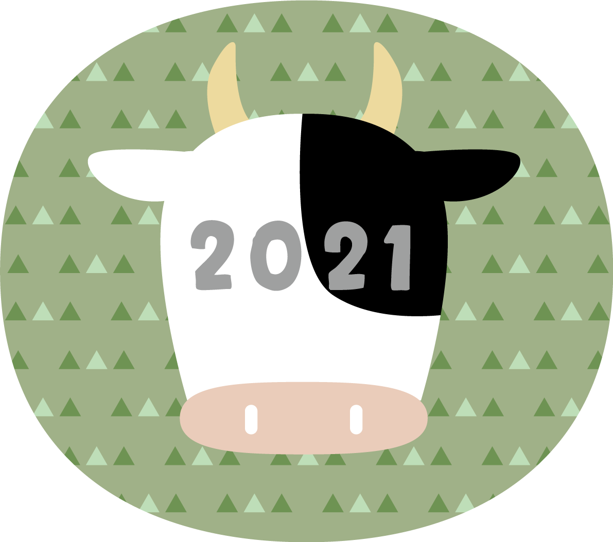 三角の模様の楕円の中に顔に2021が書かれた牛（正面）の顔 かわいい丑年イラスト無料 フリー86059に写真・文字を入れる