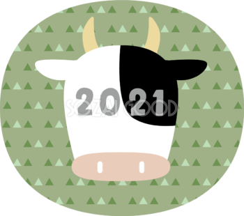 三角の模様の楕円の中に顔に2021が書かれた牛（正面）の顔 かわいい丑年イラスト無料 フリー86059