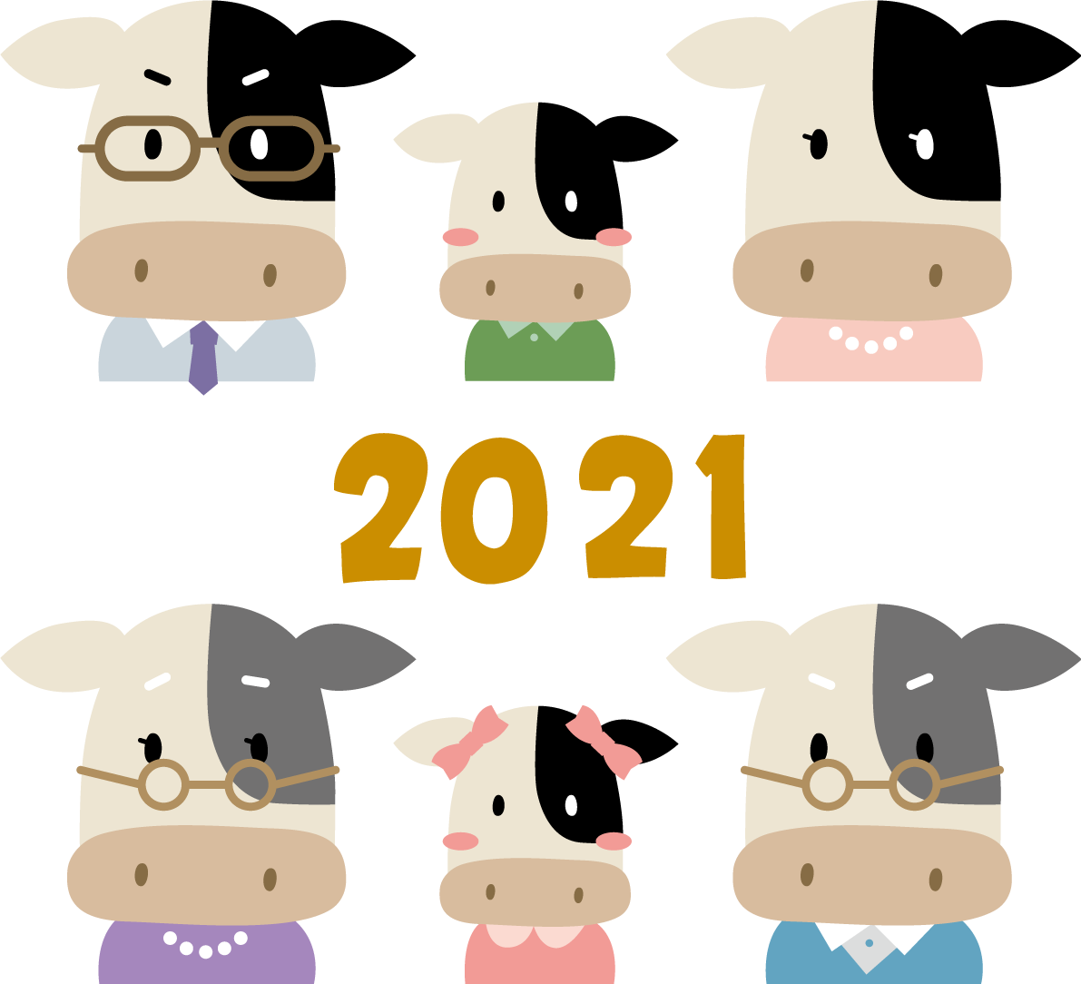 ６人家族の牛（正面 顔） 2021 かわいい丑年イラスト無料 フリー86069に写真・文字を入れる