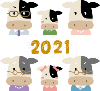 ６人家族の牛（正面 顔） 2021 かわいい丑年イラスト無料 フリー86069