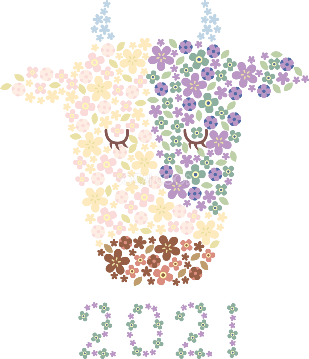 花の模様・柄で描かれた牛の顔 2021 かわいい丑年イラスト無料 フリー86081