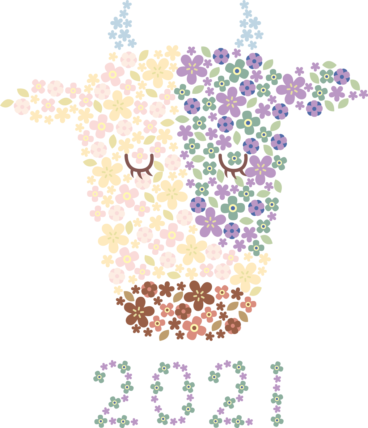 花の模様・柄で描かれた牛の顔 2021 かわいい丑年イラスト無料 フリー86081に写真・文字を入れる