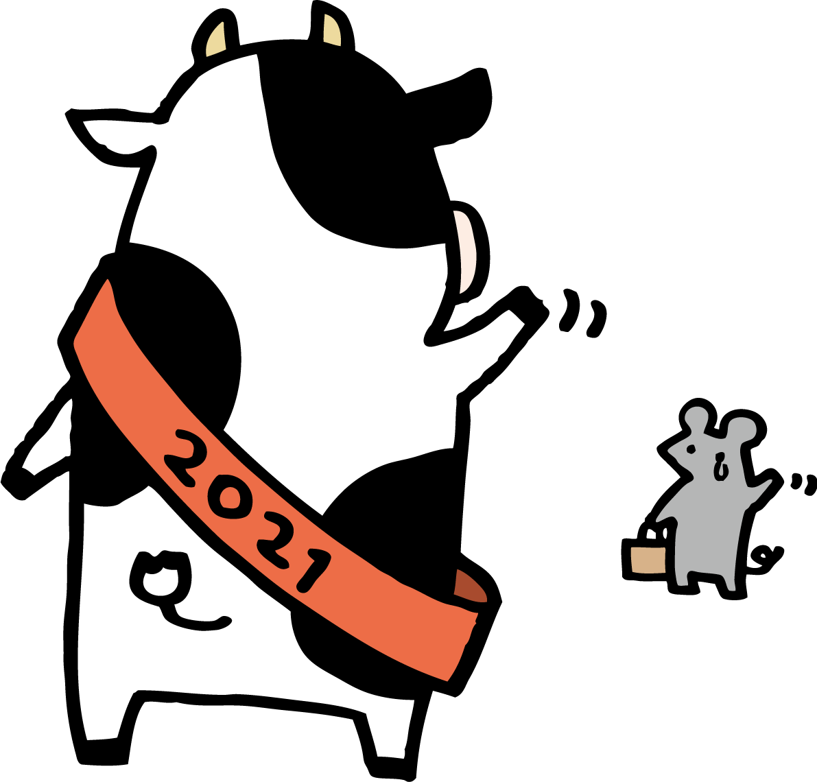 手を振ってねずみとお別れする牛 2020子年(ネズミ)～2021 丑年(牛)に年が変わるイラスト無料 フリー86105に写真・文字を入れる