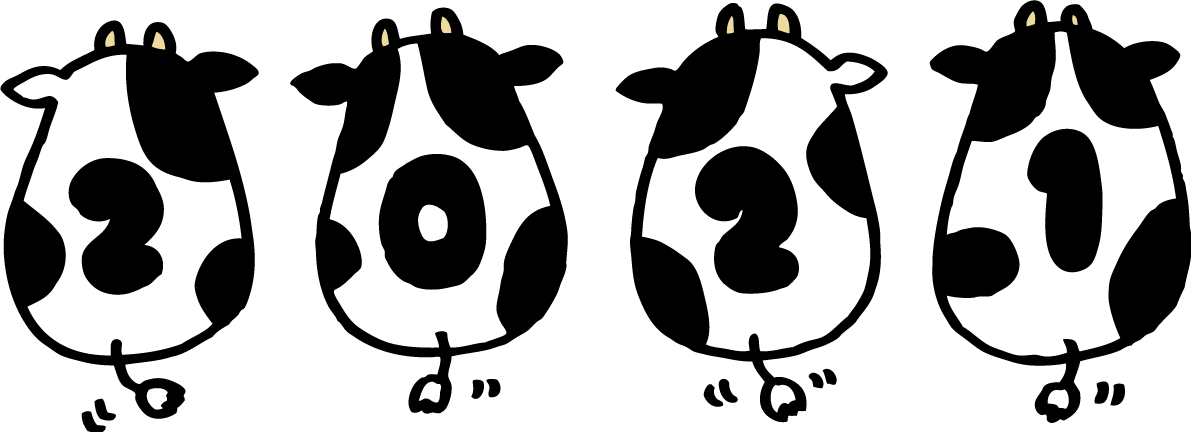 背中の模様がそれぞれ2021文字が書かれた4頭の牛 かわいい丑年イラスト無料 フリー86108に写真・文字を入れる