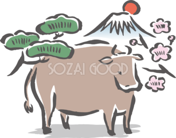 筆描き風の牛と富士山と梅と松 ビジネス2021 丑年イラスト無料 フリー86115