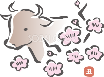 筆描き風の梅の花と牛の横顔 ビジネス2021 丑年イラスト無料 フリー86120