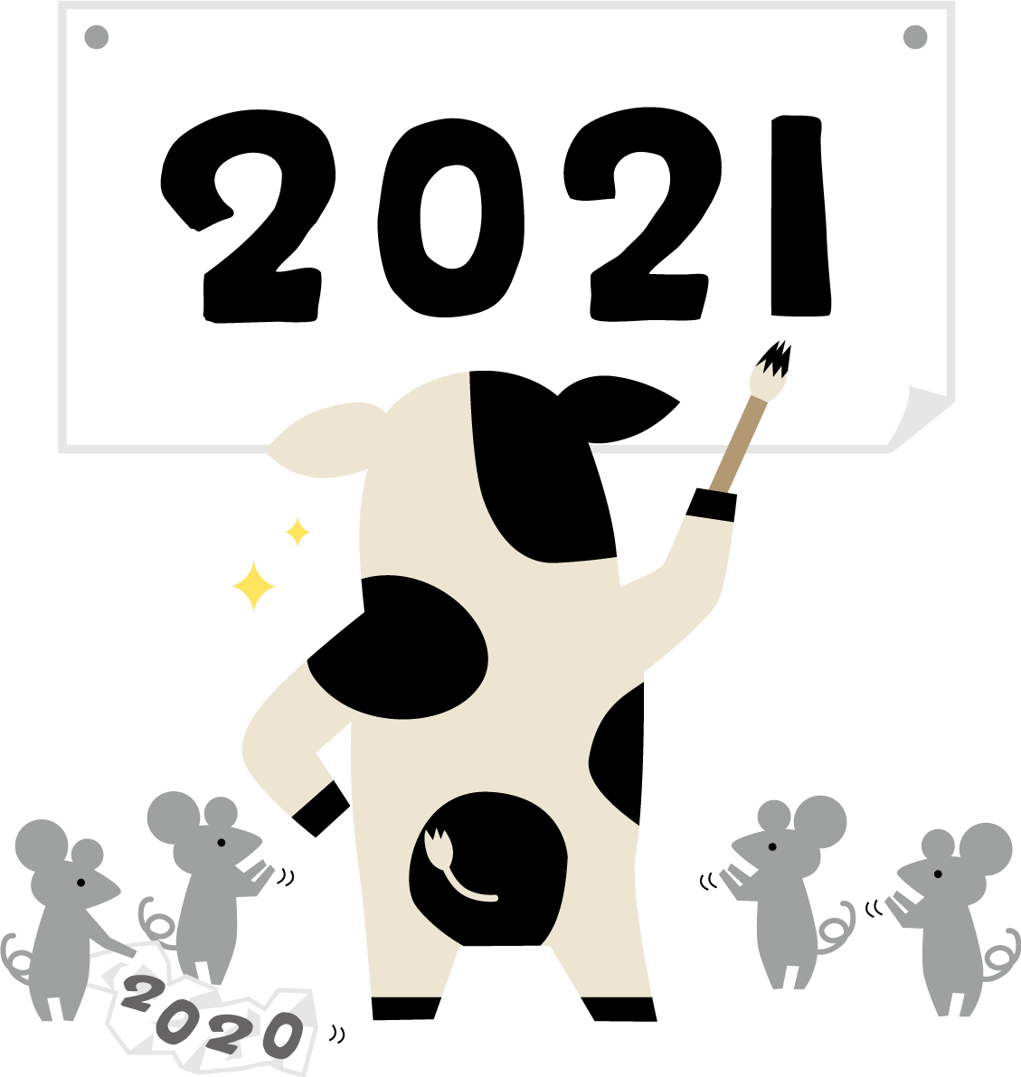 2021を筆で書き牛を見て拍手をしたり2020の紙を片付けたりするねずみたち 2020子年(ネズミ)～2021 丑年(牛)に年が変わるイラスト無料 フリー86126に写真・文字を入れる