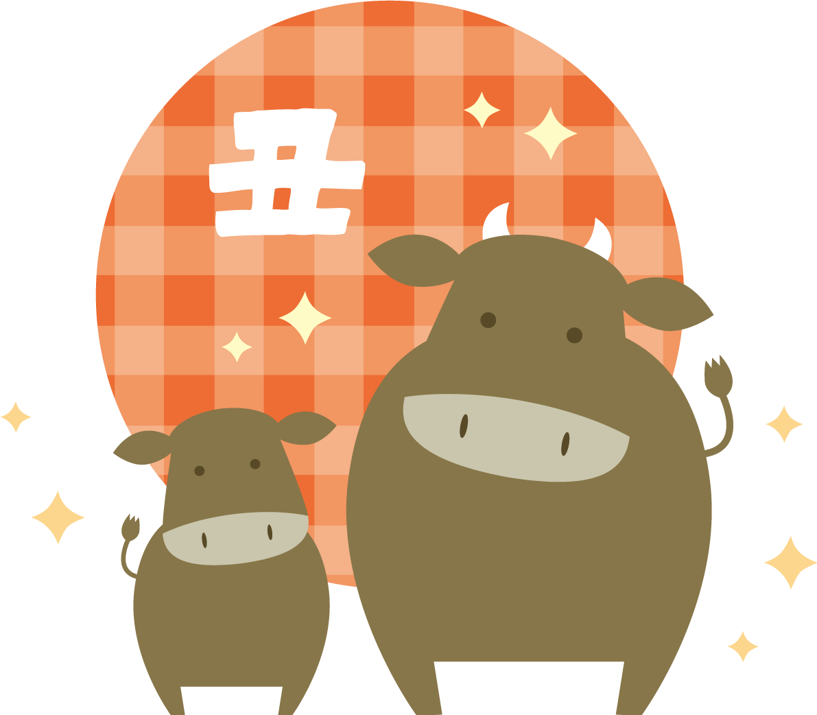 丑の文字が入ったチェック柄の赤い円と牛の親子 かわいい2021 丑年イラスト無料 フリー86129に写真・文字を入れる