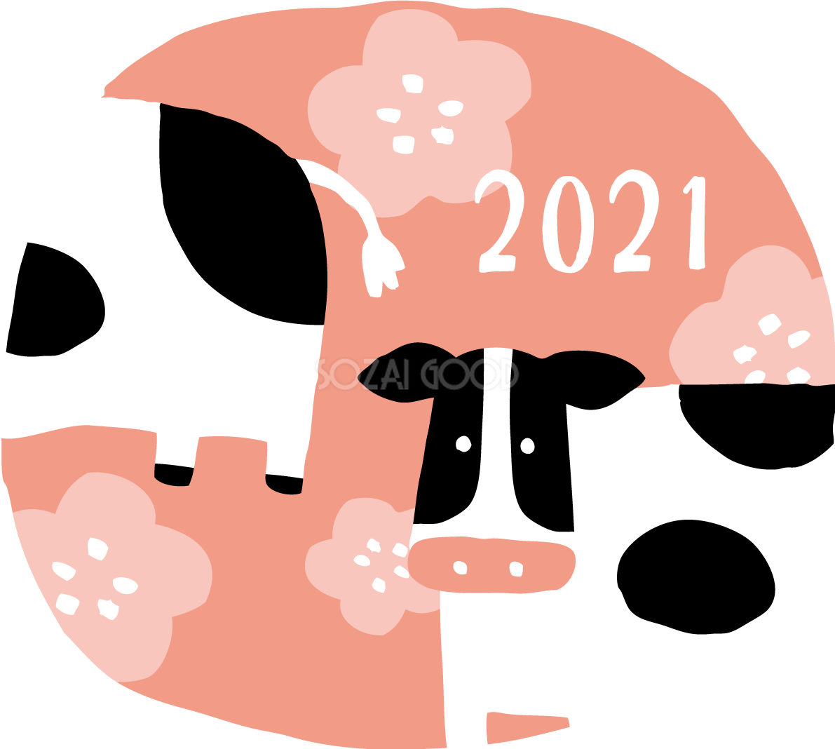 楕円の中に牛と梅 かわいい2021 丑年イラスト無料 フリー86141