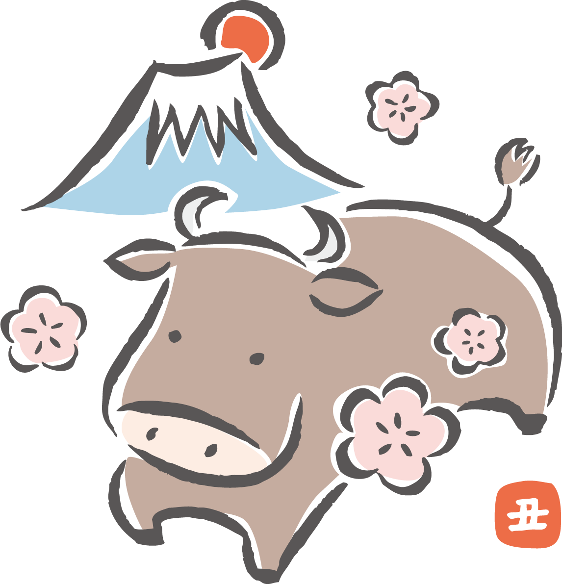 筆描き風 牛と富士山と梅 かわいい2021 丑年イラスト無料 フリー86182に写真・文字を入れる