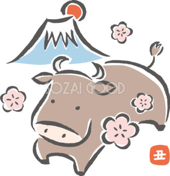 筆描き風 牛と富士山と梅 かわいい2021 丑年イラスト無料 フリー86182