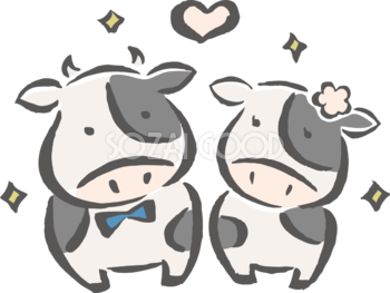 筆描き風 牛のカップル かわいい2021 丑年イラスト無料 フリー86183