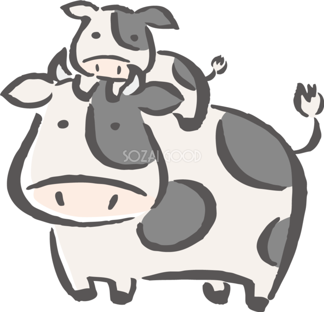筆描き風 親牛の上に乗る子牛 かわいい2021 丑年イラスト無料 フリー