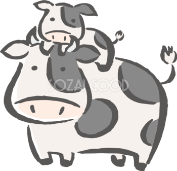 筆描き風 親牛の上に乗る子牛 かわいい2021 丑年イラスト無料 フリー86187