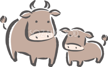 筆描き風 親子の牛 かわいい2021 丑年イラスト無料 フリー86188