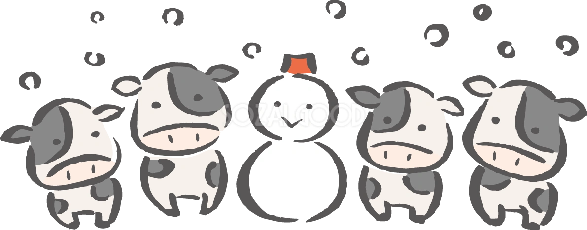 筆描き風 雪だるまと子牛たち かわいい2021 丑年イラスト無料 フリー86190