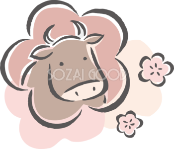 筆描き風 梅の花の中に牛 かわいい2021 丑年イラスト無料 フリー86191