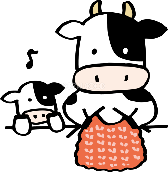 編み物をする牛とそれを見つめる子牛 かわいい2021 丑年イラスト無料 フリー86192 素材good