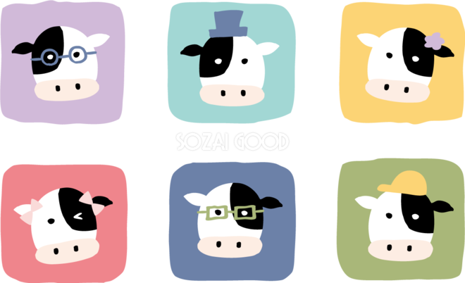 6つの四角の中に色んなメガネや帽子や髪飾りの牛 かわいい2021 丑年