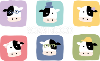 6つの四角の中に色んなメガネや帽子や髪飾りの牛 かわいい2021 丑年イラスト無料 フリー86195