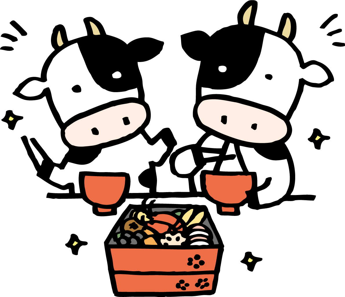 おせちとお雑煮を食べる2頭の牛 かわいい2021 丑年イラスト無料 フリー86197に写真・文字を入れる