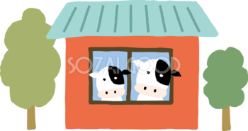 家の窓から覗く2頭の牛 かわいい2021 丑年イラスト無料 フリー86203