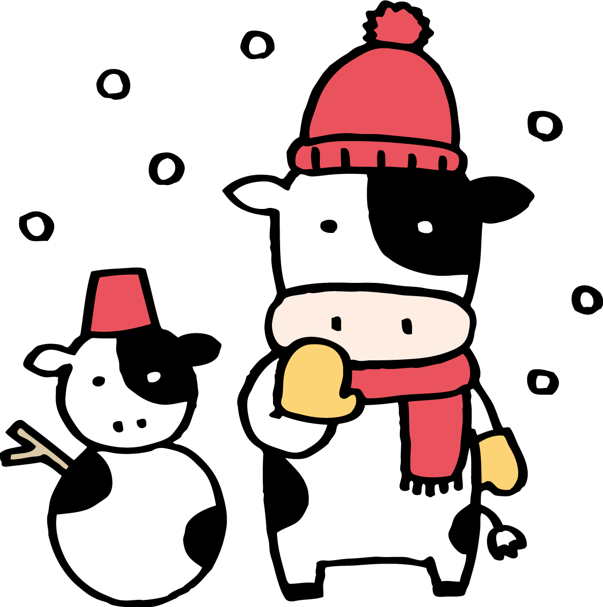 牛の形の雪だるまと牛 かわいい2021 丑年イラスト無料 フリー86205に写真・文字を入れる