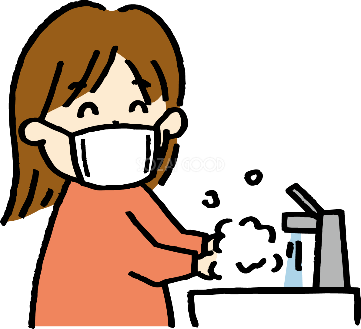 手洗いするマスク姿の女性イラスト無料 フリー86254
