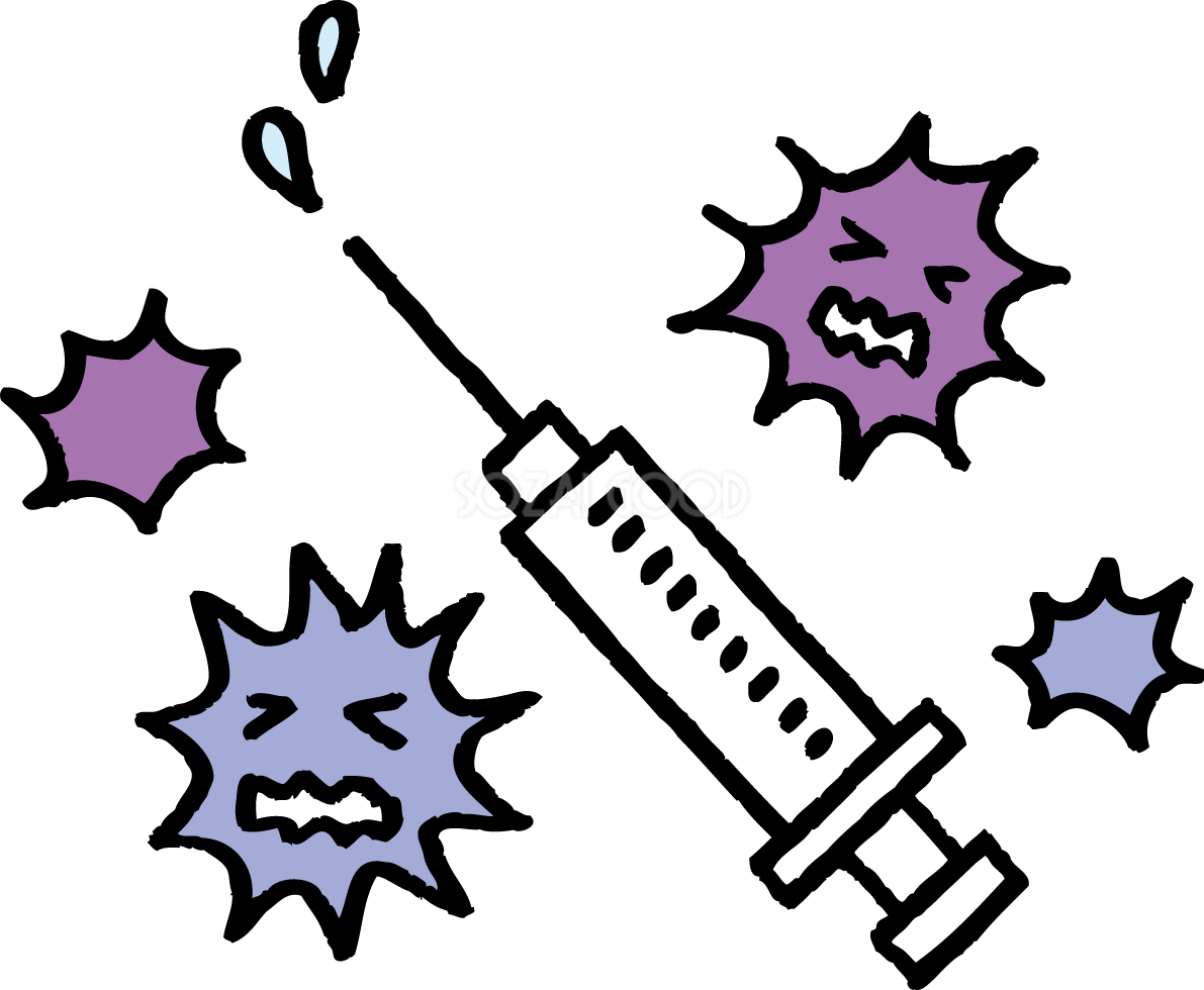 注射器とウイルスのイメージ かわいい ワクチン イラスト無料 フリー86294