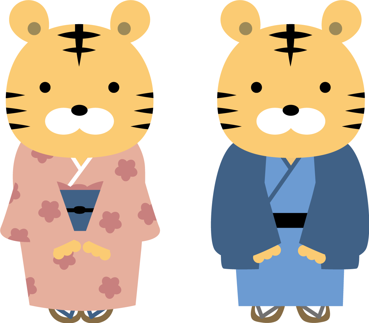 着物を着て立って挨拶する男女のトラ(虎) かわいい2022 寅年イラスト無料 フリー86340に写真・文字を入れる