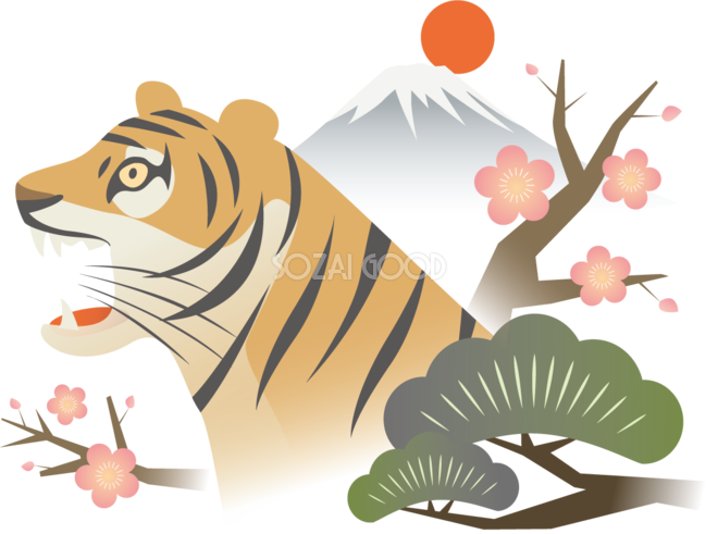 吠えるトラ 虎 の横顔と梅と松と富士山 ビジネス22 寅年イラスト無料 フリー 素材good