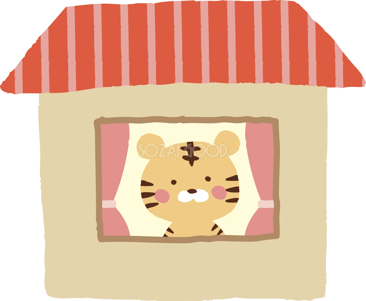 家の窓から顔を出すトラ(虎) かわいい2022 寅年イラスト無料 フリー86358