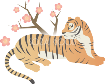 座って横を向くかっこいいトラ(虎)と梅の枝 ビジネス2022 寅年イラスト無料 フリー86362