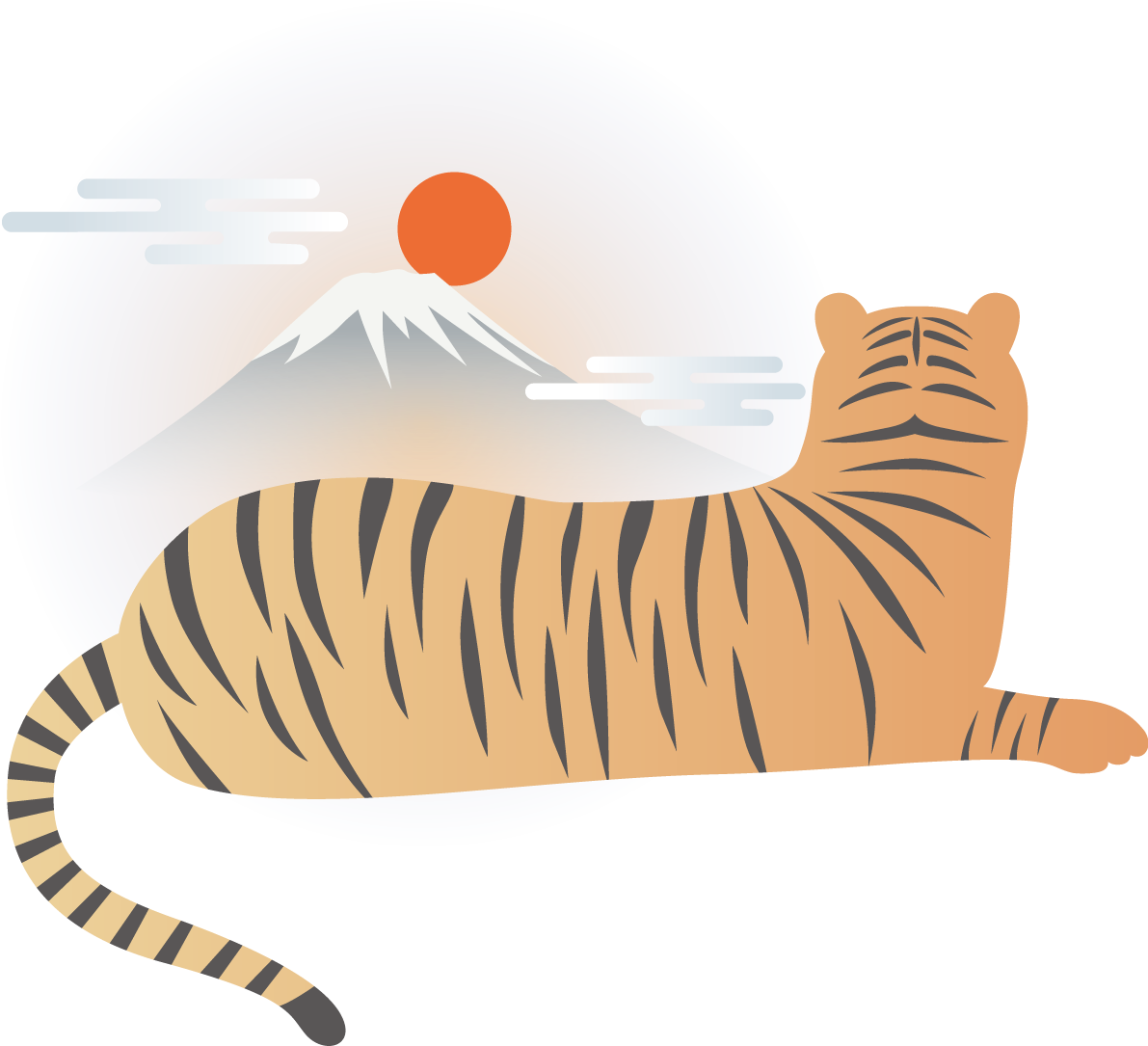 富士山を見つめる後ろ向きに座るかっこいいトラ(虎) ビジネス2022 寅年イラスト無料 フリー86369に写真・文字を入れる