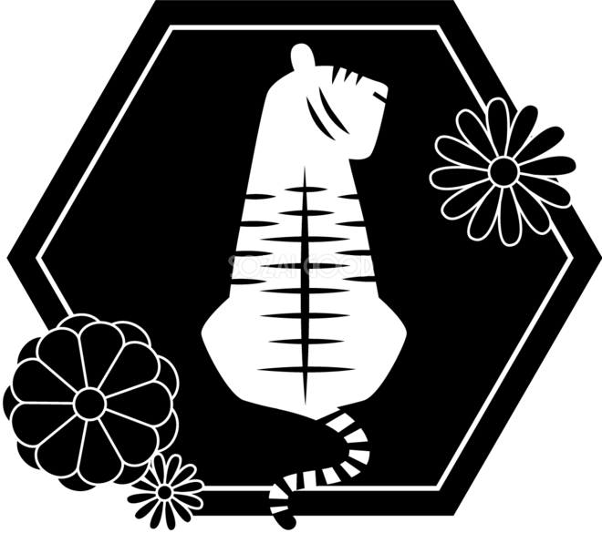 モノクロ 白黒 の菊と六角形の中にトラ 虎 ビジネス22 寅年イラスト無料 フリー 素材good