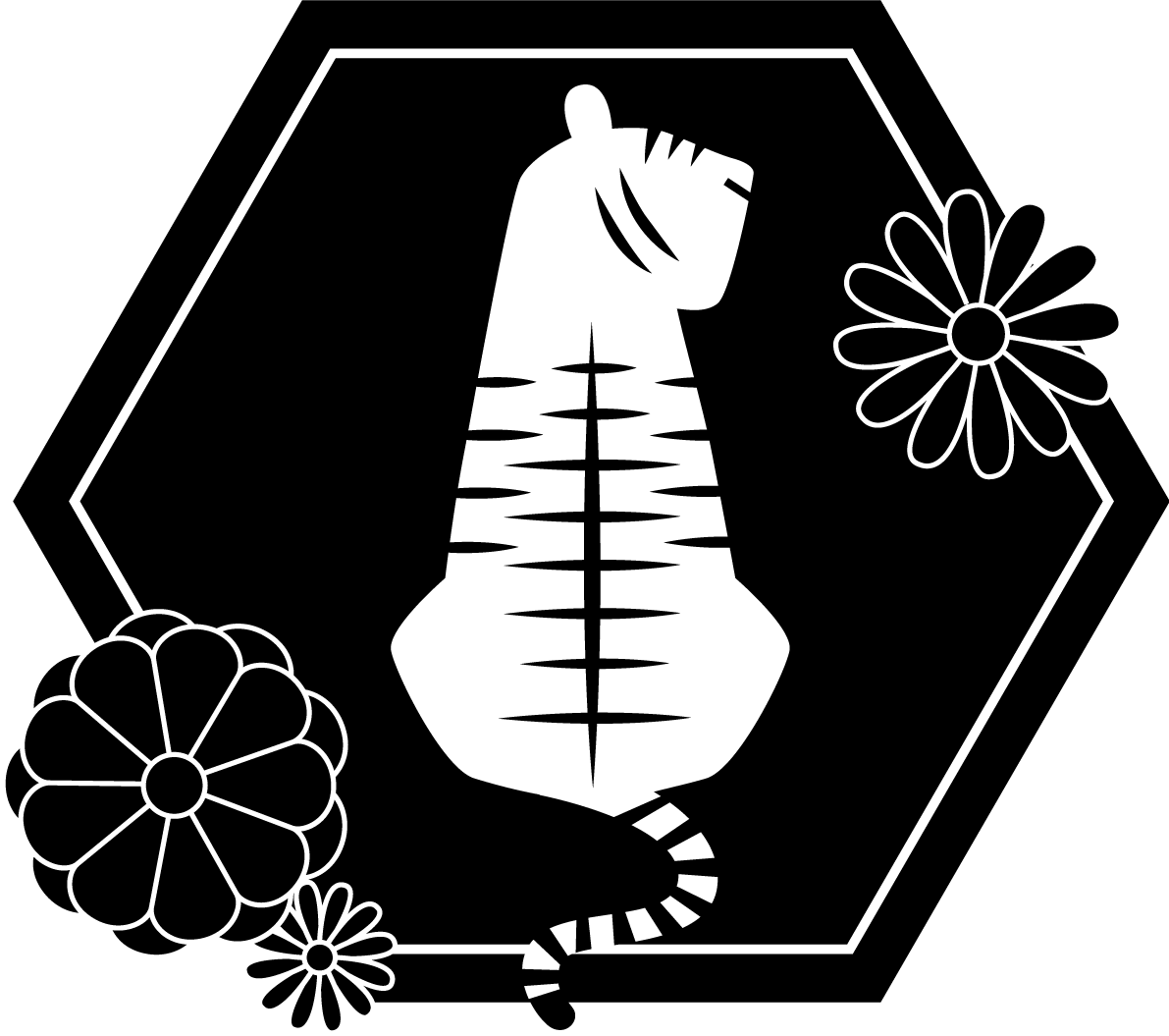 モノクロ（白黒）の菊と六角形の中にトラ(虎)  ビジネス2022 寅年イラスト無料 フリー86411に写真・文字を入れる