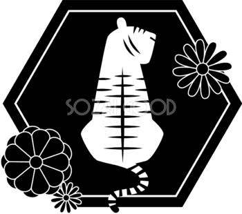 モノクロ（白黒）の菊と六角形の中にトラ(虎)  ビジネス2022 寅年イラスト無料 フリー86411
