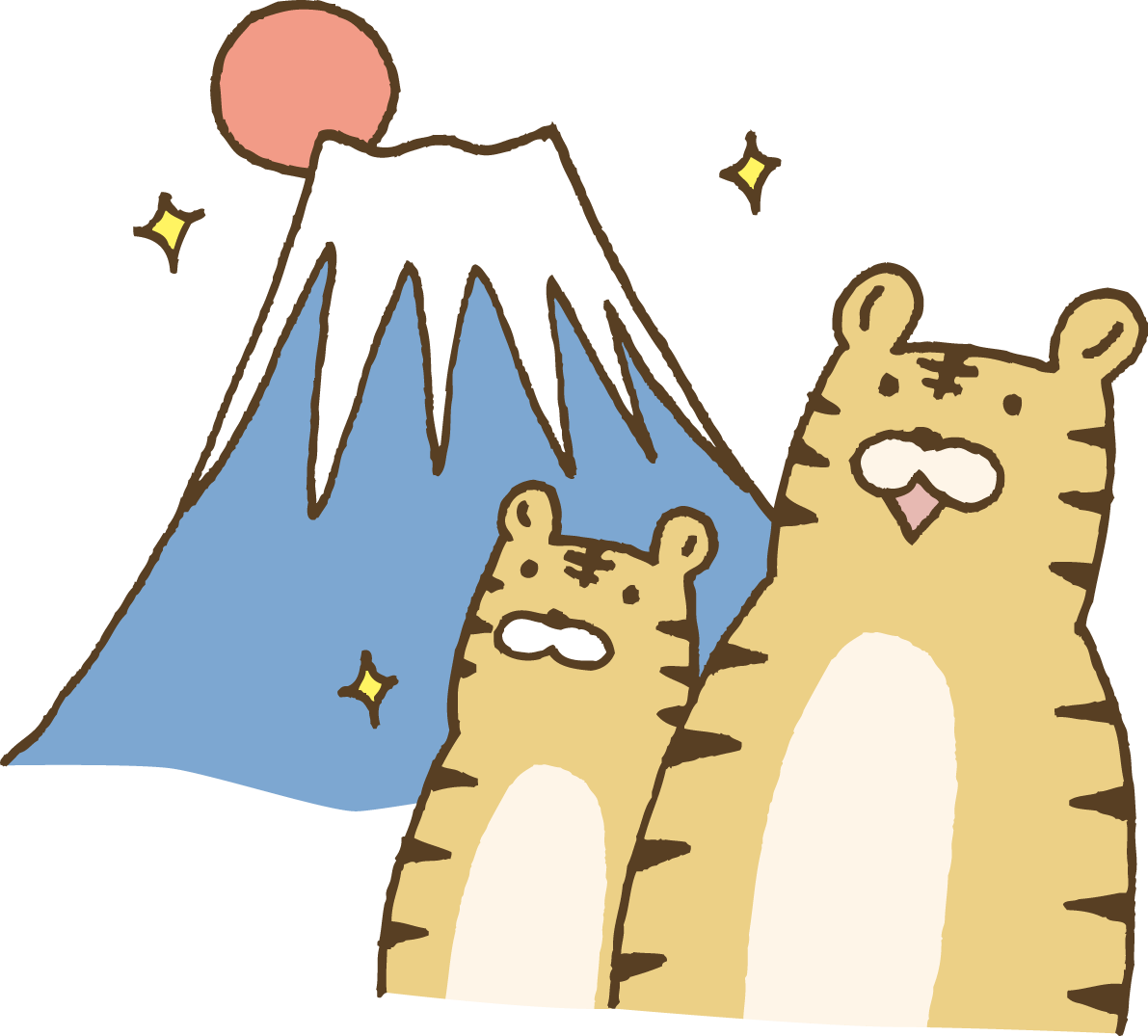 富士山の初日の出を眺める親子のトラ(虎)  かわいい2022 寅年イラスト無料 フリー86426に写真・文字を入れる