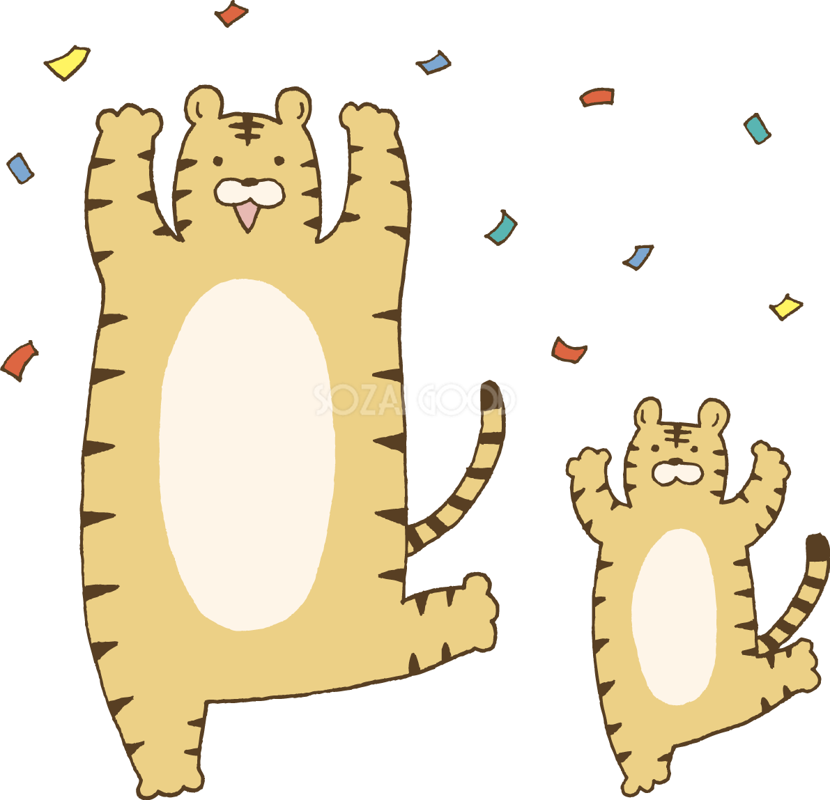 片足を上げながらバンザイする親子のトラ(虎) かわいい2022 寅年イラスト無料 フリー86427