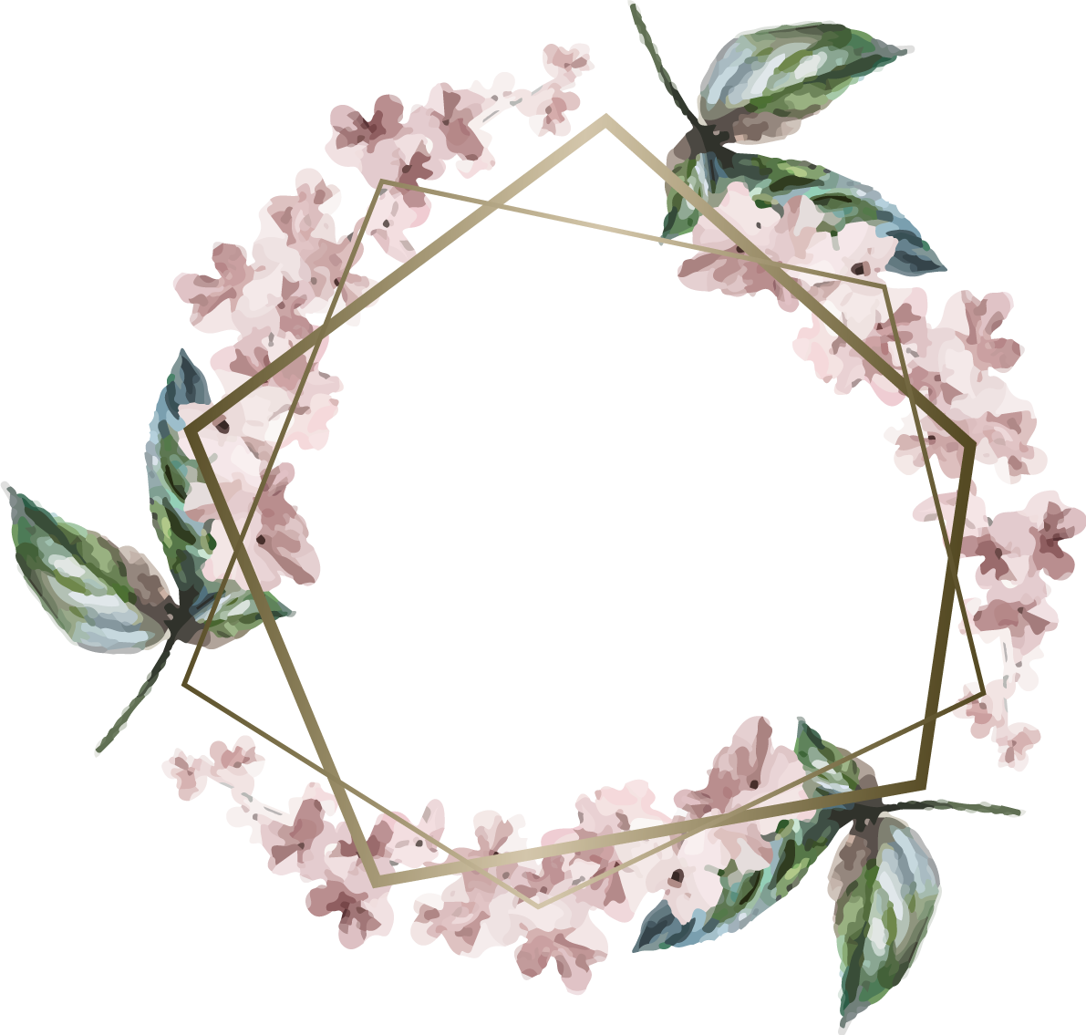 5角形水彩画風ピンクの花 おしゃれなボタニカル風(植物)のフレーム枠イラスト無料 フリー86433に写真・文字を入れる