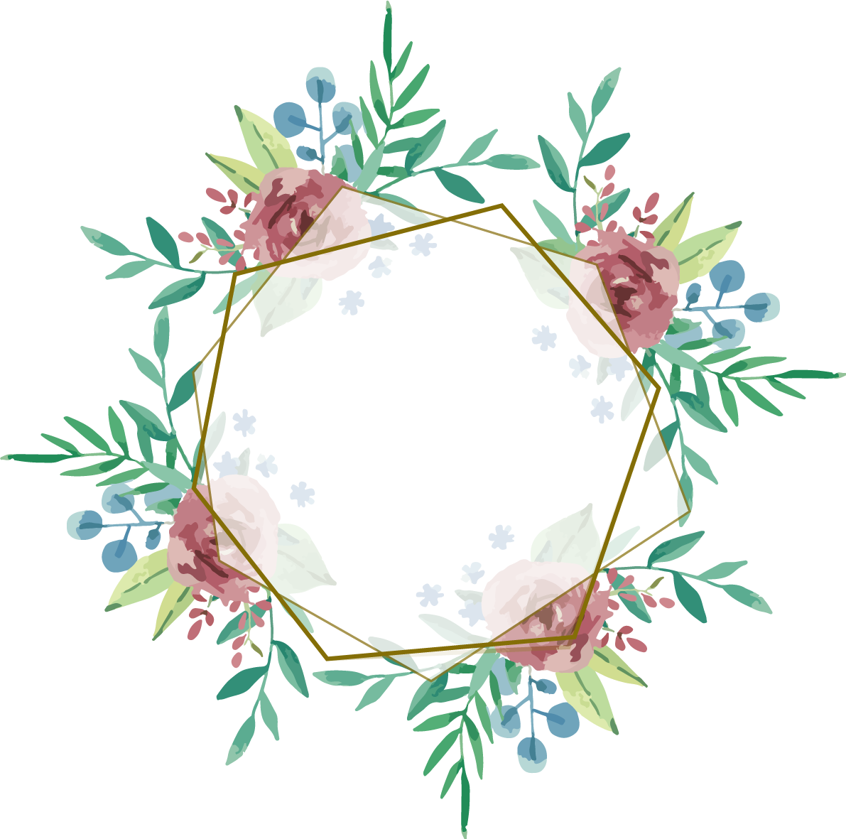 ６角形の水彩画風お花リース おしゃれなボタニカル風(植物)のフレーム枠イラスト無料 フリー86434に写真・文字を入れる