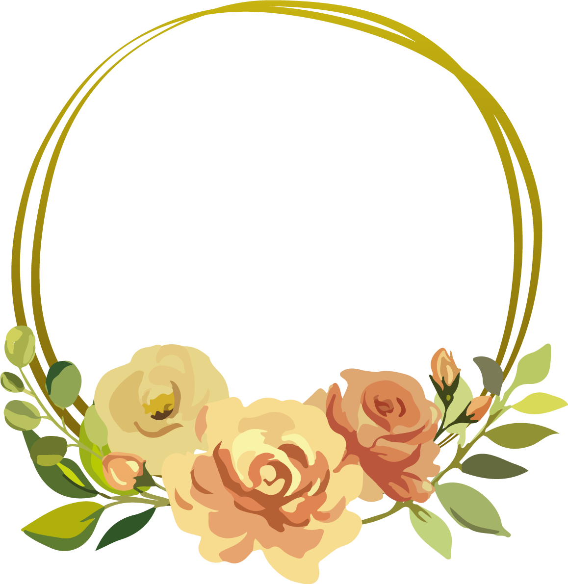 円形の黄色とオレンジのお花 おしゃれなボタニカル風(植物)のフレーム枠イラスト無料 フリー86445に写真・文字を入れる