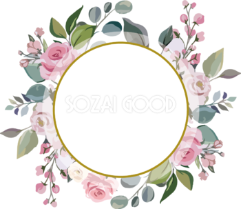円形の水彩風お花のリース おしゃれなボタニカル風(植物)のフレーム枠イラスト無料 フリー86451
