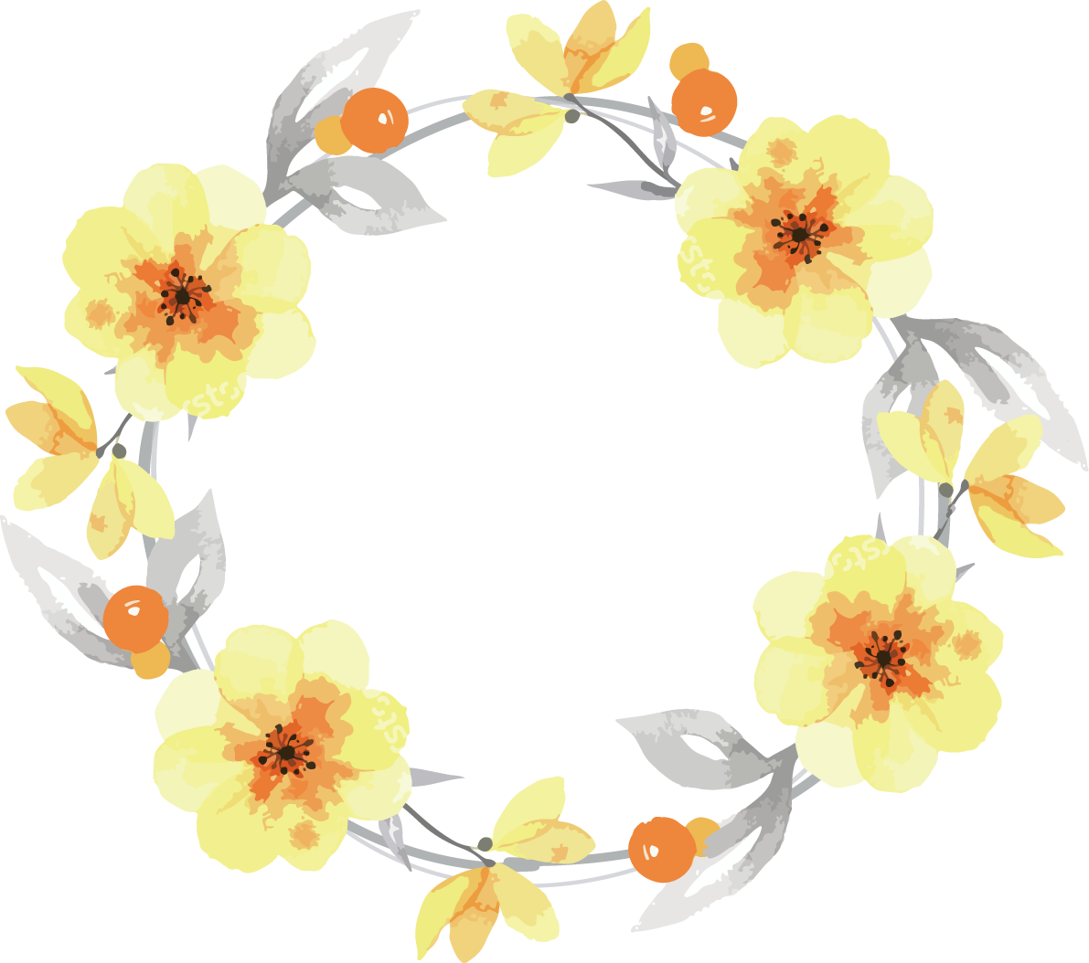 円形水彩画風黄色いお花 おしゃれなボタニカル風(植物)のフレーム枠イラスト無料 フリー86460に写真・文字を入れる