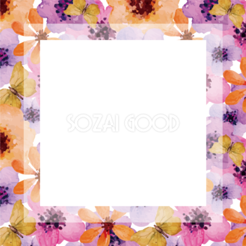 正方形の水彩画風お花パターン おしゃれなボタニカル風(植物)のフレーム枠イラスト無料 フリー86467