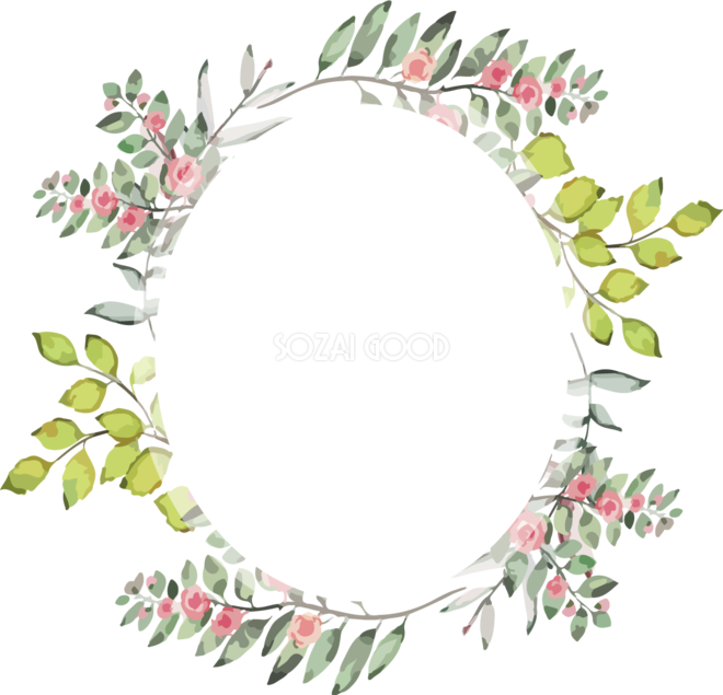楕円の水彩画風お花と葉 おしゃれなボタニカル風(植物)のフレーム枠イラスト無料 フリー86472 | 素材Good